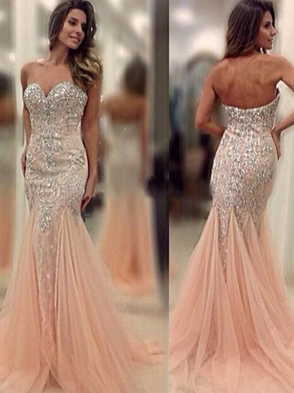 Tulle Sweetheart Sleeveless Sweep/Brush Train With Beading Dresses