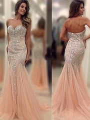 Tulle Sweetheart Sleeveless Sweep/Brush Train With Beading Dresses