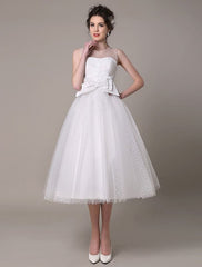 Tulle Wedding Dress Strapless A-Line Tea Length Bridal Dress With Bowknot