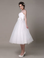 Tulle Wedding Dress Strapless A-Line Tea Length Bridal Dress With Bowknot