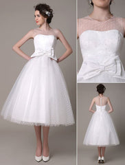 Tulle Wedding Dress Strapless A-Line Tea Length Bridal Dress With Bowknot