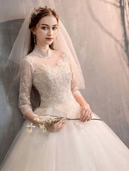 Tulle Wedding Dresses Princess Bridal Gown Illusion Collar Half Sleeve Floor Length Bridal Dress