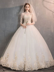Tulle Wedding Dresses Princess Bridal Gown Illusion Collar Half Sleeve Floor Length Bridal Dress