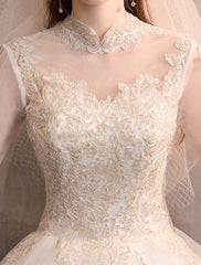 Tulle Wedding Dresses Princess Bridal Gown Illusion Collar Half Sleeve Floor Length Bridal Dress