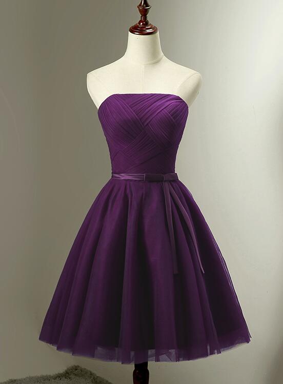 Cute Dark Purple Tulle Short Bridesmaid Dress, Tulle Party Dress, Short Formal Dress
