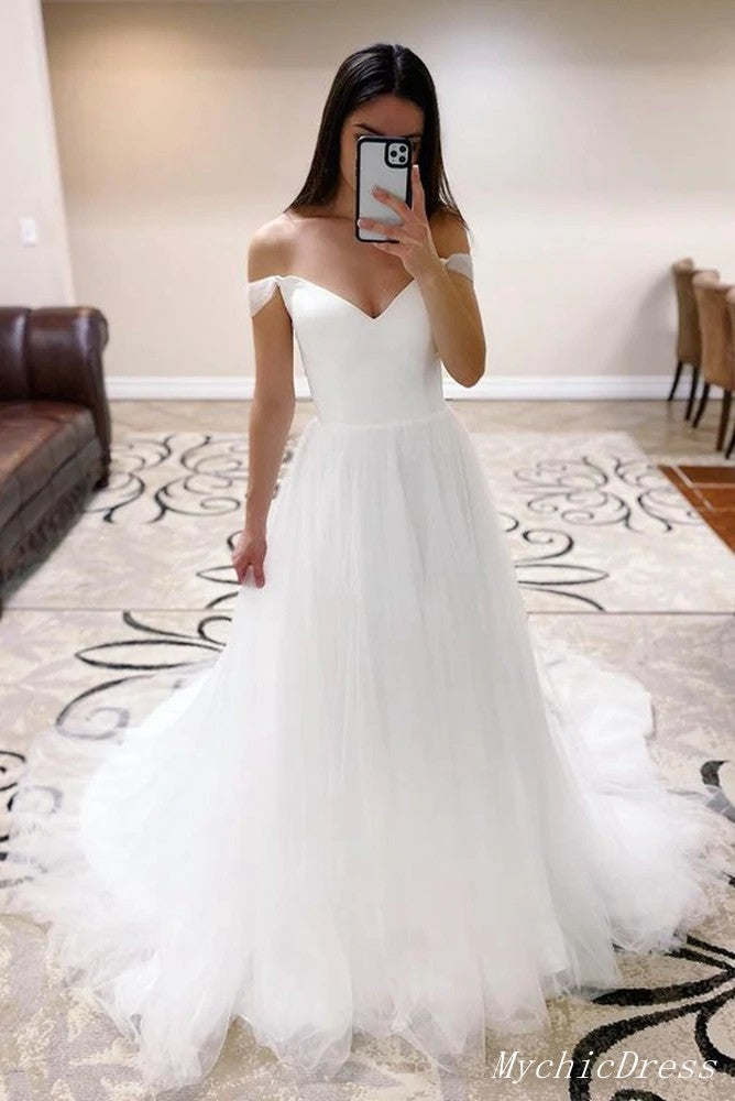 Simple White Tulle Wedding Dresses Beach Off the Shoulder Bridal Gown