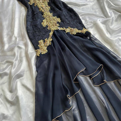 Elegant High Low Straps Black Chiffon Lace Prom Dresses Ruffles Evening Dress HZ1024