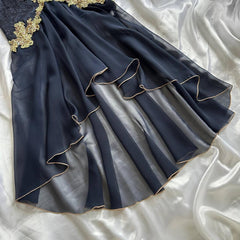 Elegant High Low Straps Black Chiffon Lace Prom Dresses Ruffles Evening Dress HZ1024