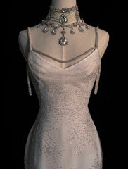 Sexy Mermaid Spaghetti Straps Sequin Long Silver Prom Dresses Evening Dress HZ1024