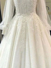 Engagement Vintage 1940s / 1950s Formal Wedding Dresses Court Train Ball Gown Long Sleeve High Neck Lace With Pleats Appliques