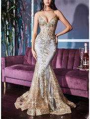 Mermaid / Trumpet Prom Dresses Celebrity Style Dress Graduation Prom Court Train Sleeveless V Neck Lace with Glitter Crystals Sequin