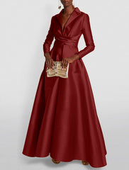 Wholesa A-Line Evening Gown Elegant Red Green Dress Formal Wedding Guest Floor Length Long Sleeve Shirt Collar Satin with Ruched