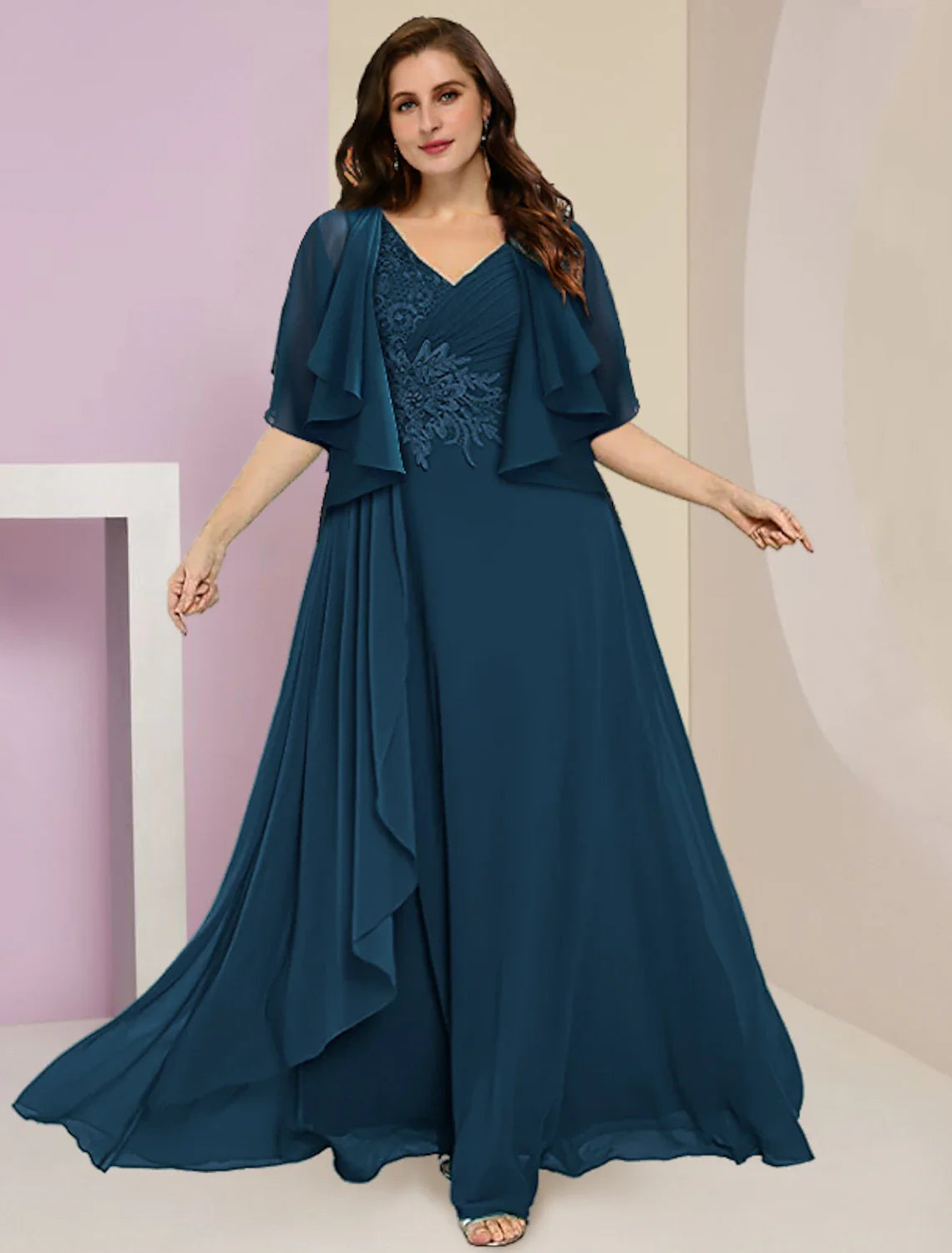 Two Piece A-Line Mother of the Bride Dress Formal Wedding Guest Elegant V Neck Floor Length Chiffon Lace Sleeveless with Ruched Appliques