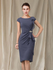 Aimishang Sheath / Column Mother of the Bride Dress Wedding Guest Elegant Jewel Neck Knee Length Chiffon Cap Sleeve with Ruffles Crystal Brooch Fall