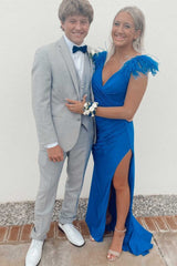 Black Feather V-Neck Long Prom Dress with Slit
