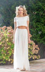 Two Piece Bateau Ankle-Length Chiffon Wedding Dress With Split Front And Pleats