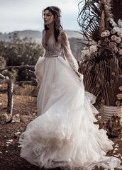Two Piece Boho Dreamy A Line Tulle V-Neck Wedding Dresses Full Sleeve