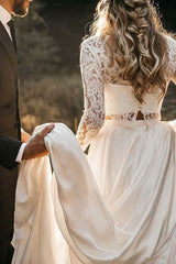 Two Piece Round Neck Lace Top Chiffon Iovry Wedding Dresses with Long Sleeves