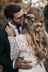 Two Piece Round Neck Lace Top Chiffon Iovry Wedding Dresses with Long Sleeves