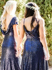 Two Piece Round Neck Navy Blue Sequined Long Bridesmaid Dress
