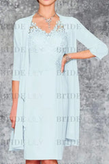 Two Piece Ruffle Chiffon Mother of the Bride Outfit Lace Short Wedding Guest Dress