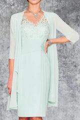 Two Piece Ruffle Chiffon Mother of the Bride Outfit Lace Short Wedding Guest Dress