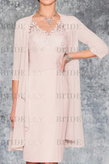 Two Piece Ruffle Chiffon Mother of the Bride Outfit Lace Short Wedding Guest Dress