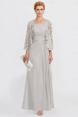 Two Pieces Chiffon Mother of the Bride Dresses Silver Lace Appliques Wedding Wear Outfits