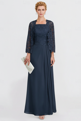 Two Pieces Chiffon Mother of the Bride Dresses Silver Lace Appliques Wedding Wear Outfits