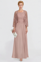 Two Pieces Chiffon Mother of the Bride Dresses Silver Lace Appliques Wedding Wear Outfits