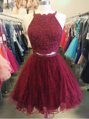 Deux pièces courtes robes de bal en dentelle bordeaux, vin rouge 2 pièces courtes en dentelle Robes de retour à la maison