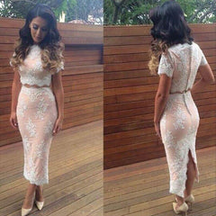 Two Pieces Short Lace Formal Party Dress with Sleeves