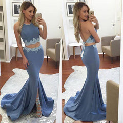 Sexy Mermaid Halter two Pieces Prom Dresses Backless Front-Split