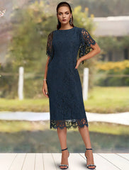 Aimishang  Sheath / Column Mother of the Bride Dress Wedding Guest Elegant Jewel Neck Tea Length Lace Short Sleeve with Solid Color