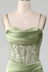Mermaid Spaghetti Straps Sage Corset Prom Dress with Split Front