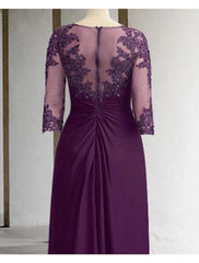 Sheath / Column Mother of the Bride Dress Formal Wedding Guest Elegant Sparkle & Shine Jewel Neck Asymmetrical Floor Length Chiffon Lace 3/4 Length Sleeve with Sequin Appliques