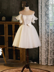 Light Champagne Spaghetti Strap Tulle Party Dress, Beautiful A-Line Evening Prom Dress