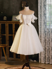 Light Champagne Spaghetti Strap Tulle Party Dress, Beautiful A-Line Evening Prom Dress