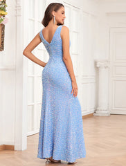 Mermaid / Trumpet Evening Gown Elegant Dress Evening Party Prom Floor Length Sleeveless V Neck Bridesmaid Dress Sequined V Back with Sequin