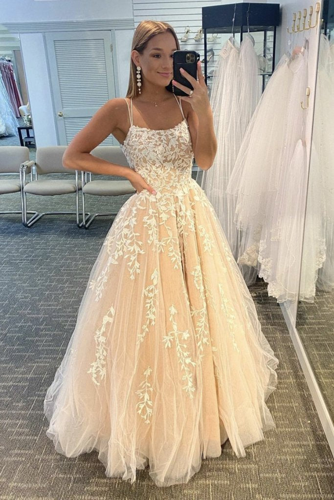Simple Spaghetti Straps A-Line Lace Appliques Tulle Long Prom Dress KS7930