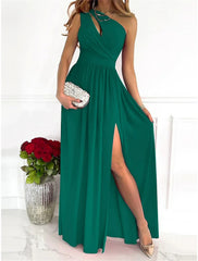 Women's Long Dress Maxi Dress Party Dress Homecoming Dress Swing Dress Pure Color Fashion Streetwear Outdoor Date Vacation Ruched Split Sleeveless One Shoulder Dress Regular Fit Black Red Green