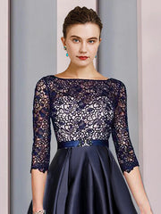 A-Line Mother of the Bride Dress Formal Church Elegant High Low Scoop Neck Asymmetrical Tea Length Satin Lace Half Sleeve with Sash / Ribbon
