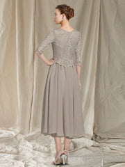 Two Piece A-Line Mother of the Bride Dress Church Elegant Jewel Neck Tea Length Chiffon Lace Half Sleeve Jacket Dresses with Appliques