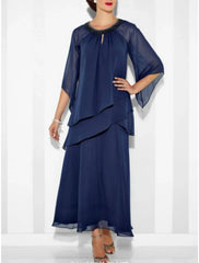 Sheath / Column Mother of the Bride Dress Wedding Guest Elegant Party Jewel Neck Ankle Length Chiffon 3/4 Length Sleeve with Crystals Ruching