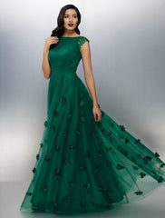 A-Line Floral Dress Wedding Guest Floor Length Short Sleeve Boat Neck Tulle with Crystals Appliques
