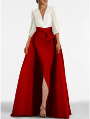 A-Line Evening Gown Elegant Dress Formal Sweep / Brush Train Half Sleeve V Neck Satin with Bow(s) Pleats Slit 2025