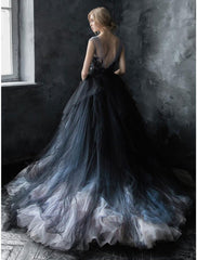 Ball Gown Black Wedding Dress Gothic Quinceanera Dresses Color Block Dress Sweep / Brush Train Sleeveless V Neck Tulle V Back with Pleats Appliques