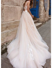 Beach Open Back Sexy Wedding Dresses A-Line V Neck Sleeveless Court Train Lace Bridal Gowns With Appliques