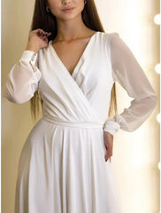 Wholesale Little White Dresses Wedding Dresses A-Line V Neck Long Sleeve Sweep / Brush Train Chiffon Bridal Gowns With Pleats Solid Color