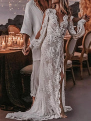 Wholesale Beach Sexy Boho Wedding Dresses A-Line V Neck Long Sleeve Sweep / Brush Train Lace Bridal Gowns With Appliques Split Front
